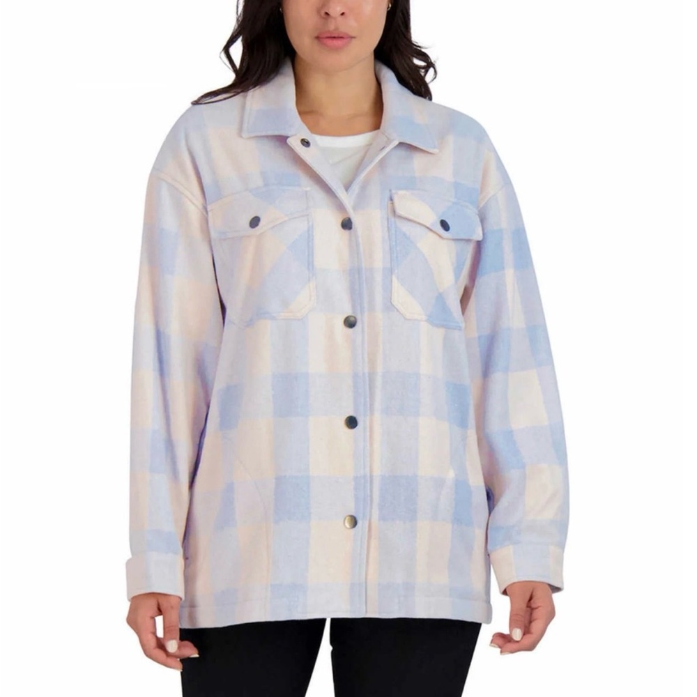 NWT Plaid Fleece Shacket Blue White Button Front Lightweight Jacket Size XL